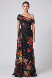 One Shoulder A Line Floral Ivory Maxi Formal Dress