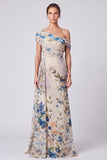 One Shoulder A Line Floral Ivory Maxi Formal Dress