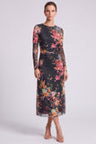 Long Sleeve Black A Line Floral Chiffon Midi Formal Dress