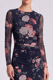 Long Sleeve Black A Line Floral Chiffon Midi Formal Dress