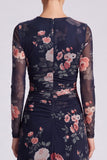 Long Sleeve Black A Line Floral Chiffon Midi Formal Dress