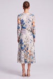 Long Sleeve Black A Line Floral Chiffon Midi Formal Dress