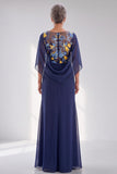 Floral Navy V-Neck Sheath Chiffon Maxi Mother of the Bride Dress