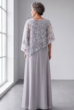 Sequins A Line Silver Grey Maxi Mother of the Bride Dress With Cape