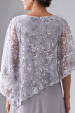 Sequins A Line Silver Grey Maxi Mother of the Bride Dress With Cape