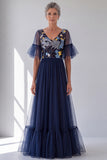 V-Neck Navy Tulle Floral A-Line Long Mother Of The Bride Dress