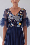 V-Neck Navy Tulle Floral A-Line Long Mother Of The Bride Dress