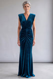 Peacock Blue Ruched Sheath V-Neck Long Mother Of The Bride Dress