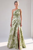 One Shoulder Sage Green A-Line Floral Ruched Maxi Mother Of The Bride Dress