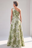 One Shoulder Sage Green A-Line Floral Ruched Maxi Mother Of The Bride Dress