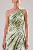 One Shoulder Sage Green A-Line Floral Ruched Maxi Mother Of The Bride Dress