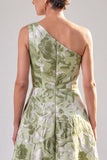 One Shoulder Sage Green A-Line Floral Ruched Maxi Mother Of The Bride Dress