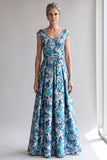 A-Line Blue Flower V-Neck Maxi Mother Of The Bride Dress with Sash