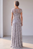 Floral Sequins Silver Grey A-Line V-Neck Maxi Mother Of The Bride Dress