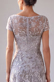 Floral Sequins Silver Grey A-Line V-Neck Maxi Mother Of The Bride Dress