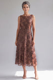 Dark Brown Sequins A-Line Boat Neck Midi Mother Of The Bride Dress