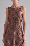 Dark Brown Sequins A-Line Boat Neck Midi Mother Of The Bride Dress