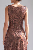 Dark Brown Sequins A-Line Boat Neck Midi Mother Of The Bride Dress