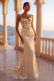 Corset Mermaid Floral Champagne Thick Straps Maxi Formal Dress