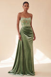 Corset Strapless Floral Green Sheath Maxi Velvet Dress
