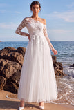 Asymmetrical Neck White Tulle Floral A Line Long Beach Wedding Dress