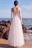 Asymmetrical Neck White Tulle Floral A Line Long Beach Wedding Dress