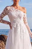 Asymmetrical Neck White Tulle Floral A Line Long Beach Wedding Dress