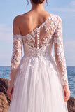 Asymmetrical Neck White Tulle Floral A Line Long Beach Wedding Dress