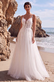 White Lace Appliqued A Line Long Beach Wedding Dress