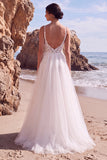 White Lace Appliqued A Line Long Beach Wedding Dress