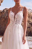 White Lace Appliqued A Line Long Beach Wedding Dress
