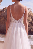 White Lace Appliqued A Line Long Beach Wedding Dress