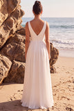 A Line V-Neck White Simple Beach Wedding Dress With Slit