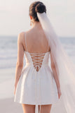 A Line Spaghetti Straps White Mini Engagement Dress With Pearls