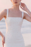 Square Neck White Sheath Midi Engagement Dress With Pearls