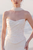 Strapless Mermaid White Maxi Wedding Dress With Pearls