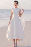 A Line White Midi Engagement Dress With Cap Sleeves