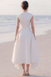A Line White Midi Engagement Dress With Cap Sleeves