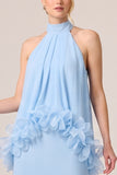 A Line Halter Light Blue Maxi Formal Dress With 3D Flowers