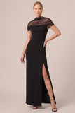Illusion Neck Sheath Long Black Tie Dress with Slit