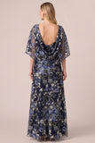 Floral Navy A-Line Short Sleeve Long Mother Of The Bride Dress with Pockets