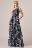 One Shoulder Navy Floral A-Line Long Mother Of The Bride Dress with Ruffles