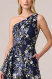 One Shoulder Navy Floral A-Line Long Mother Of The Bride Dress with Ruffles