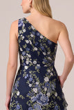 One Shoulder Navy Floral A-Line Long Mother Of The Bride Dress with Ruffles