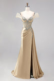 Corset Champagne Sparkly Mermaid Cold Shoulder Satin Maxi Prom Dress