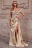 Corset Champagne Sparkly Mermaid Cold Shoulder Satin Maxi Prom Dress