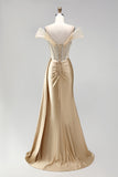Corset Champagne Sparkly Mermaid Cold Shoulder Satin Maxi Prom Dress