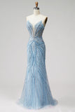 Strapless Beaded Mermaid Light Blue Long Prom Dress with Pearls