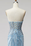 Strapless Beaded Mermaid Light Blue Long Prom Dress with Pearls