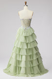 Corset Strapless A Line Sparkly Floral Tiered Light Green Maxi Prom Dress